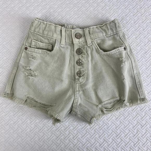Zara Girls 7 Pale Green Wash Distressed Snap Denim High Rise Shorts 1879/603 - Picture 1 of 11